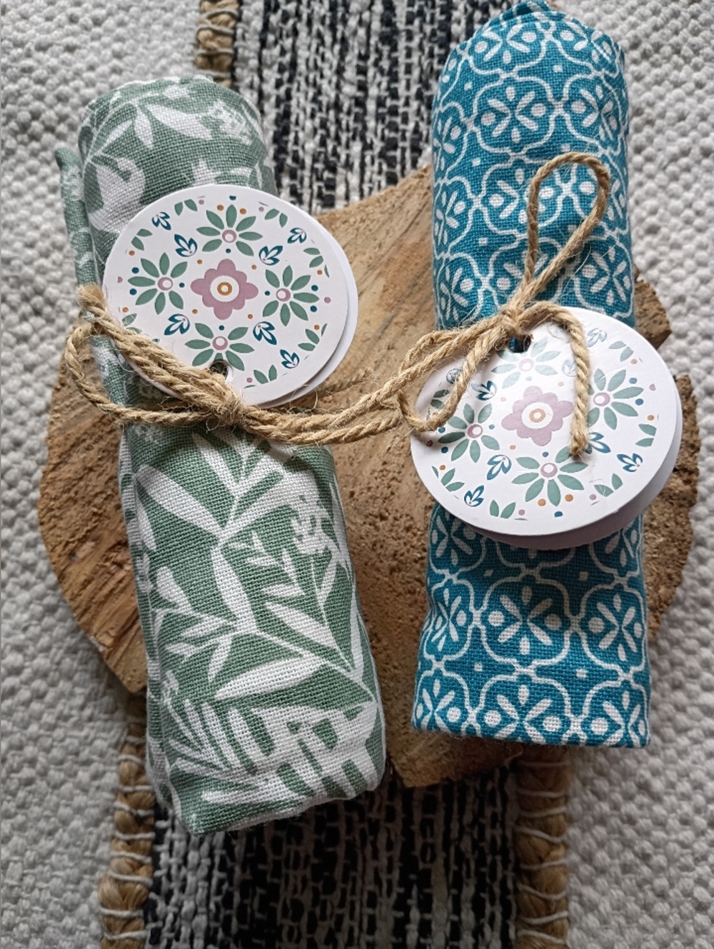 Set of Two Patterned Fabric Dish Towels - Green & Teal
